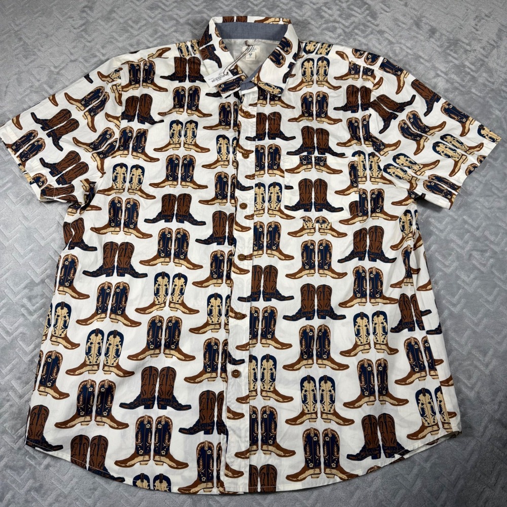 Blue Rooster Button-Up Shirt Mens XXL Western Cowboy Boot Print Short Sleeve NWT